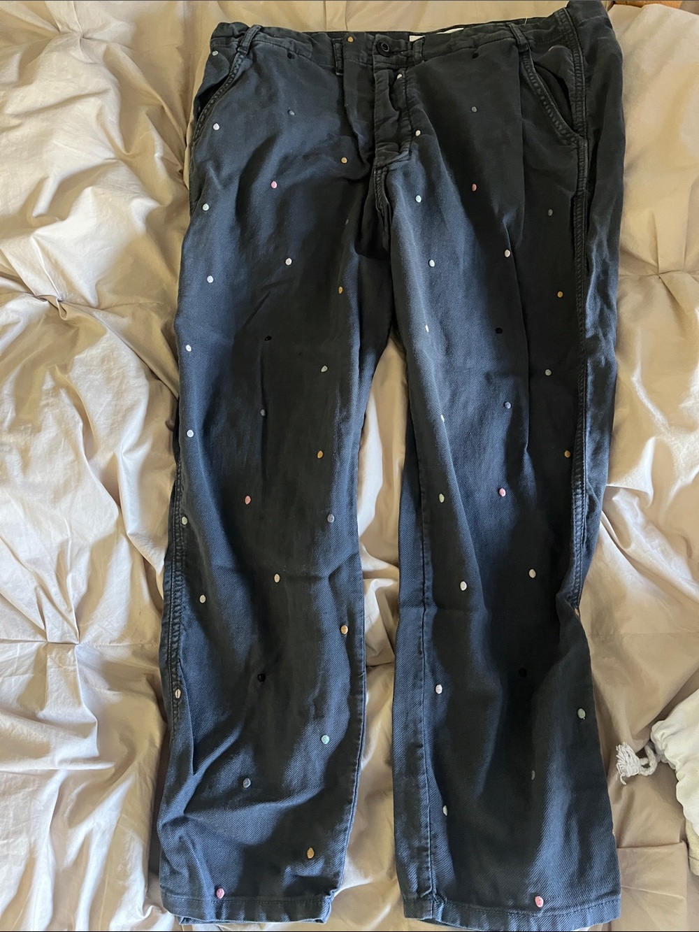 THE GREAT. Charcoal Gray Chinos with all over polka dot pattern
